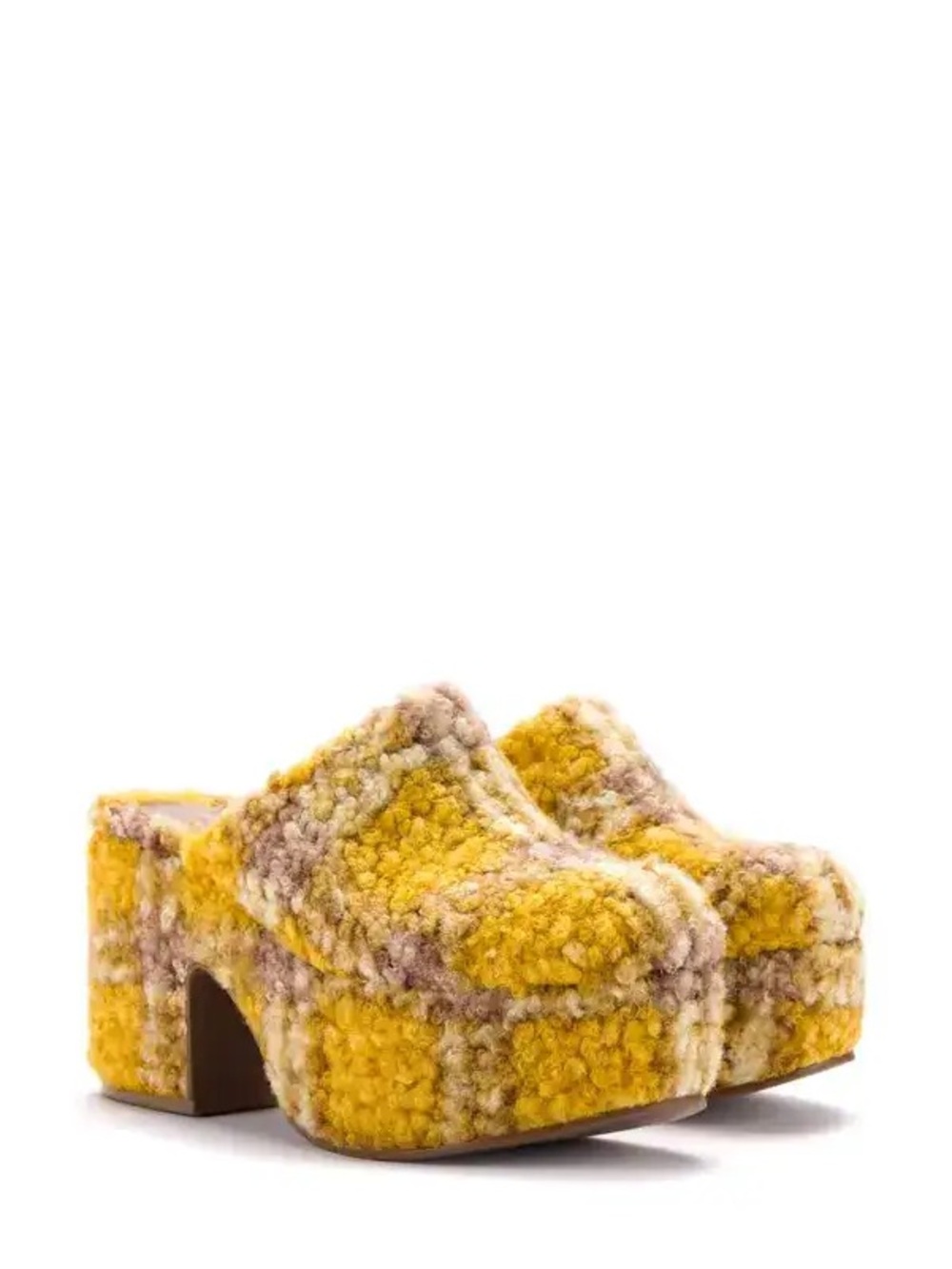 Larroude Miso size 6 Yellow Bouclé Platform Clogs Mules Dijon Plaid shearling